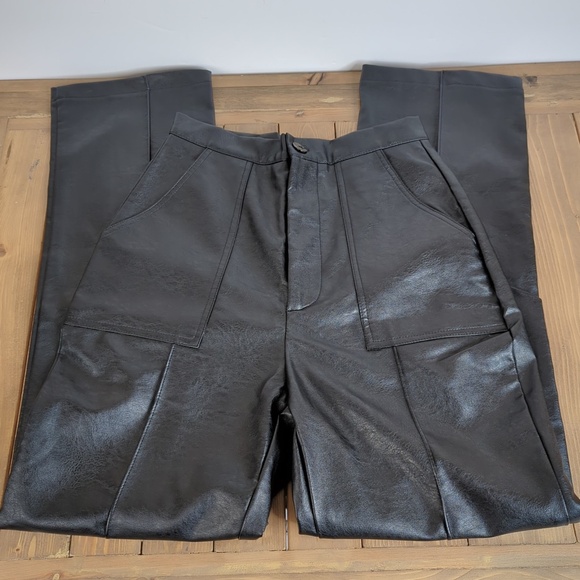 Princess Polly Black Faux Leather Cropped Ankle High Rise Pants - Picture 3 of 11